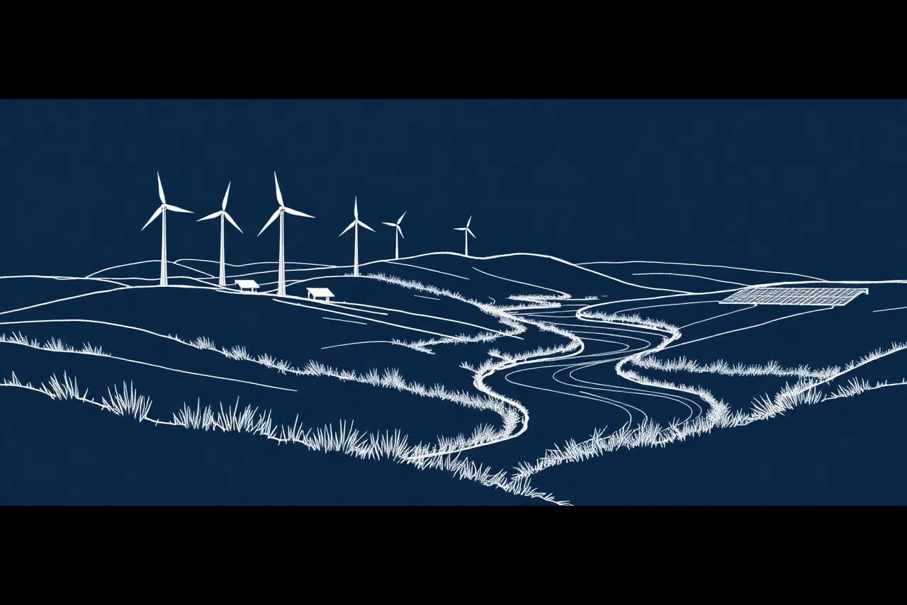 Disegno a penna bianca: turbine eoliche e pannelli solari in un paesaggio collinare con fiume