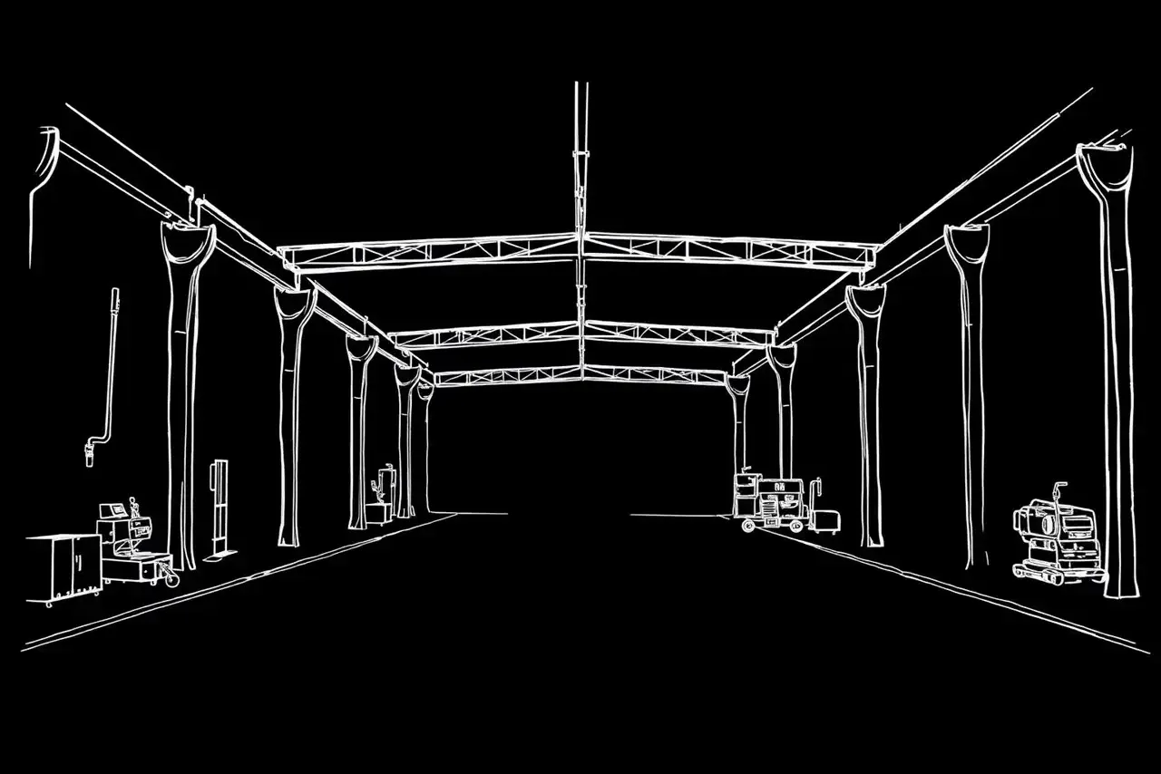 Disegno a penna bianca: Capannone industriale vuoto con macchinari fermi