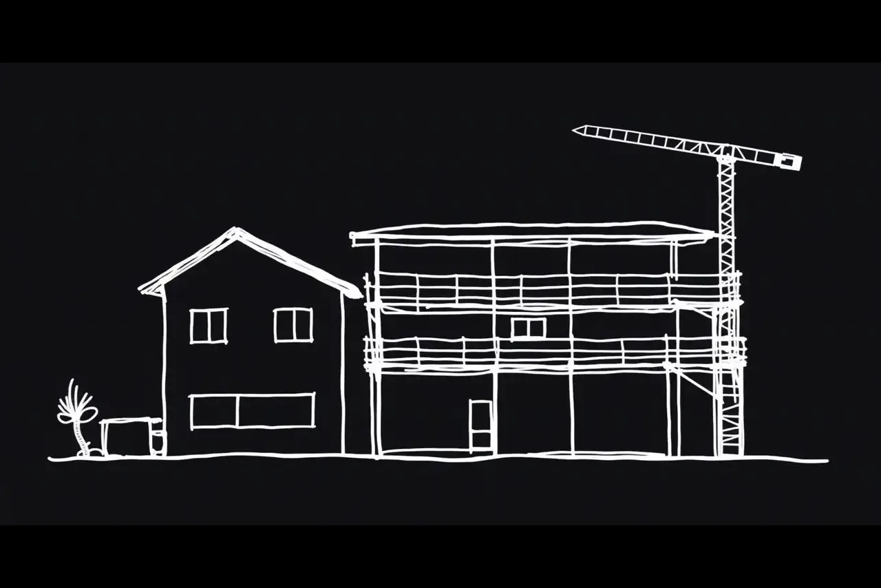 Disegno a penna bianca: Edificio residenziale in costruzione con ponteggi e reti di cantiere