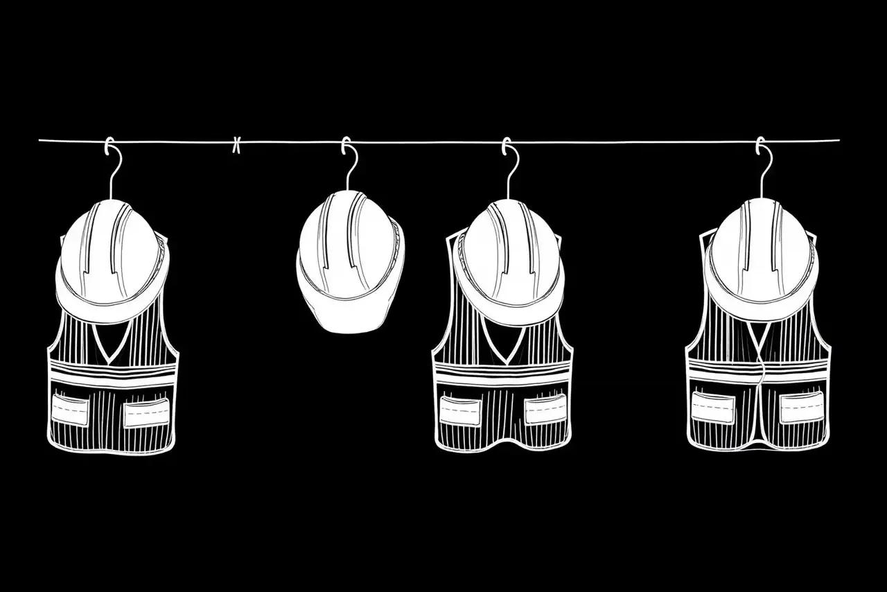 Disegno a penna bianca: Caschi di protezione e gilet alta visibilità appesi in fila