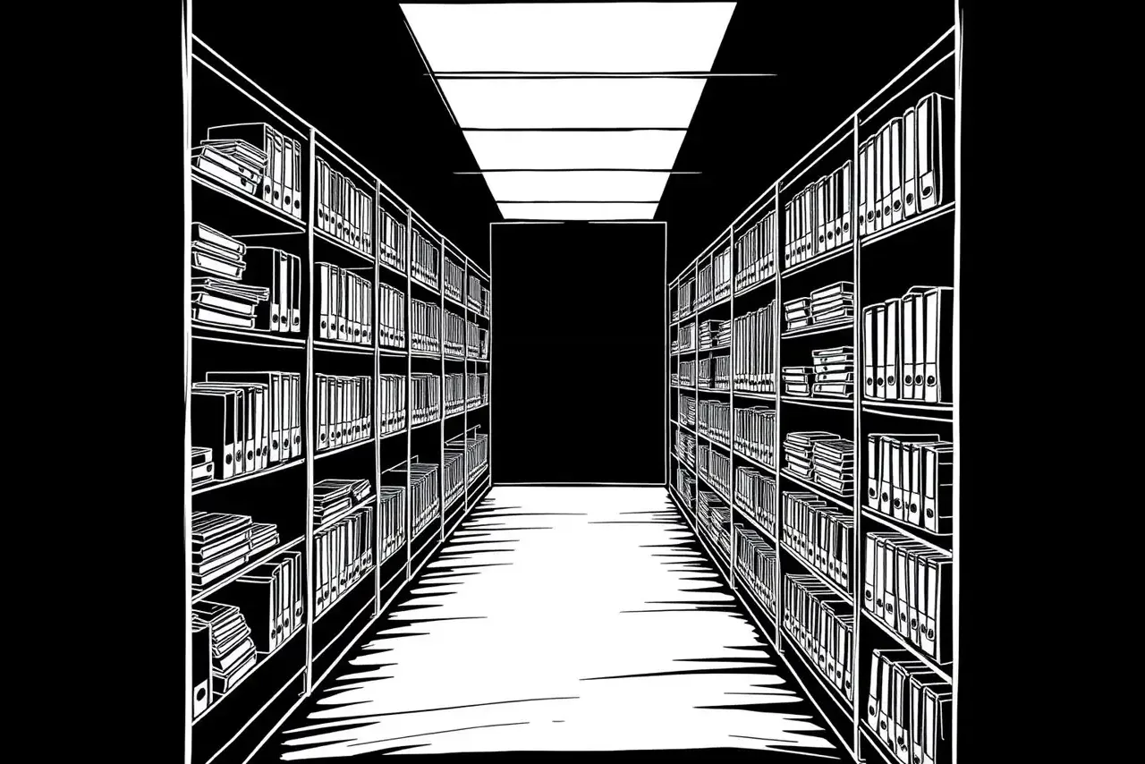 Disegno a penna bianca: Corridoio di archivio con faldoni e fascicoli sugli scaffali