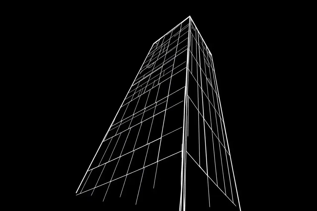Disegno a penna bianca: Facciata in vetro di una torre per uffici vista dal basso